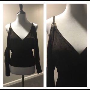 Bebe brown v neck top with slits in sleeves